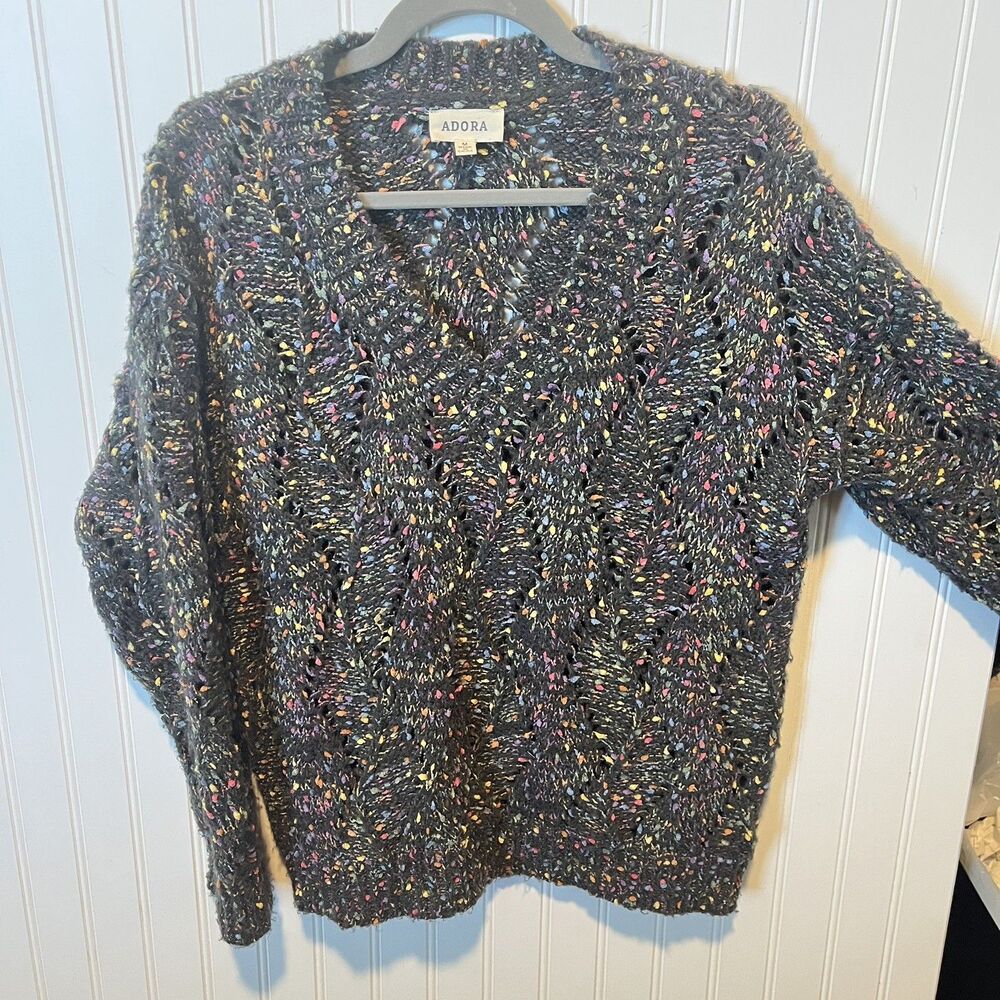 Adora Sweater Gray Multi Color Chunky Knit V Neck Long Sleeve Academia Medium
